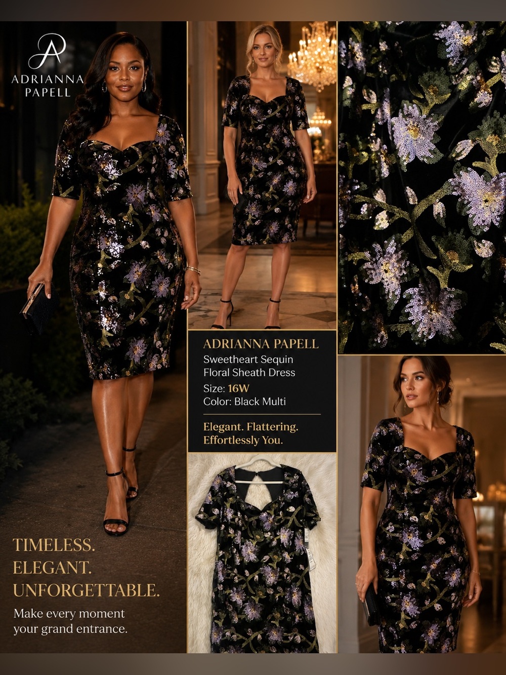 Adrianna Papell Black Multi Sequin Floral Sweetheart Sheath Dress 16W